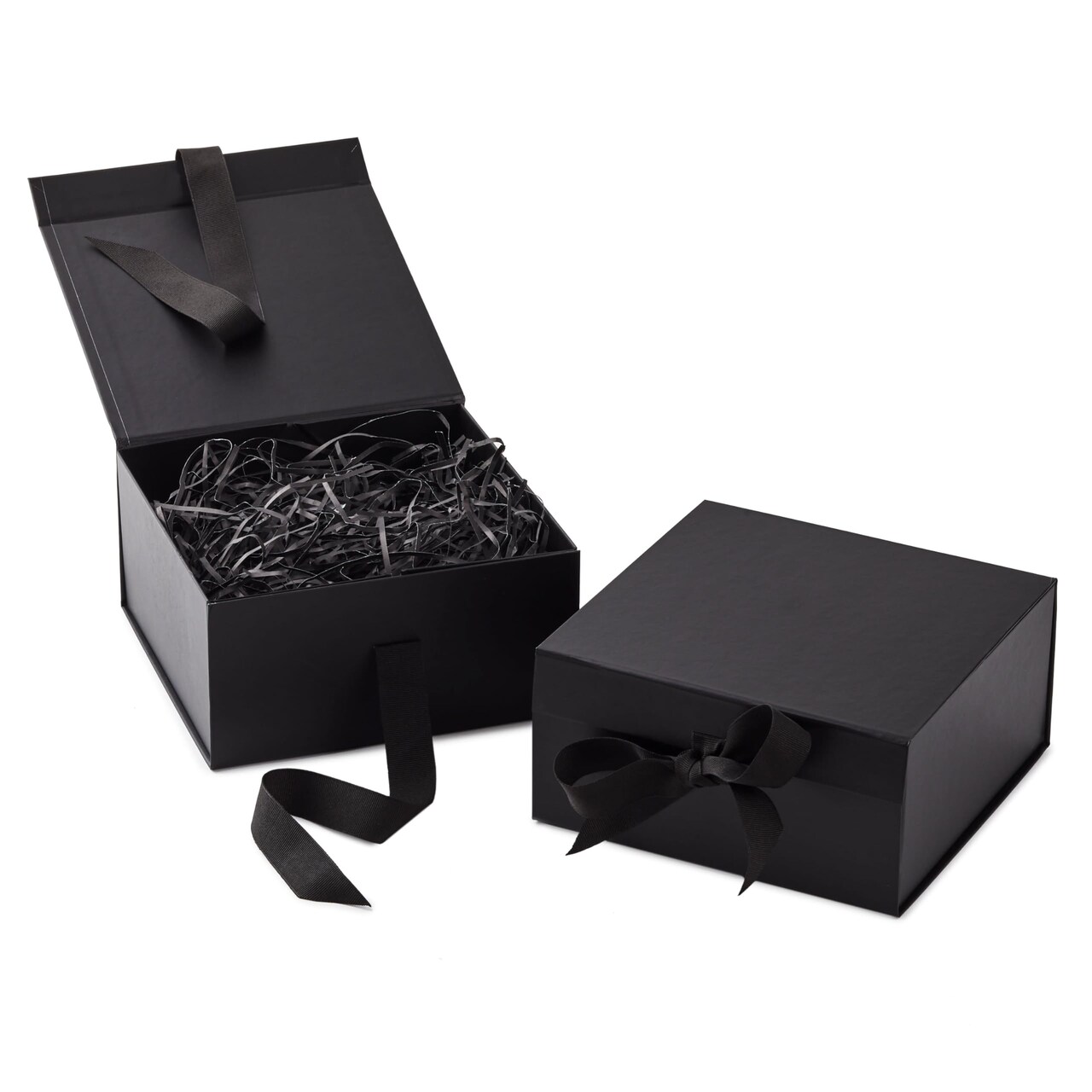 Medium Gift Boxes with Bow and Shredded Paper Fill, Pack of 2 (Black 8 inch Box) for Weddings, Graduations, Birthdays, Father's Day, Groomsmen Gifts, All Occasion
